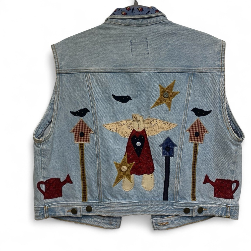 Vintage SUN BELT Denim Upcycled Womens Vest‎ Garden Birds Birdhouse Sugar Ridge